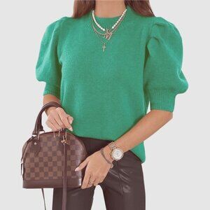 Women's Trendy Crew Neck Puff Short Sleeve Sweater Tops for Spring and Summer